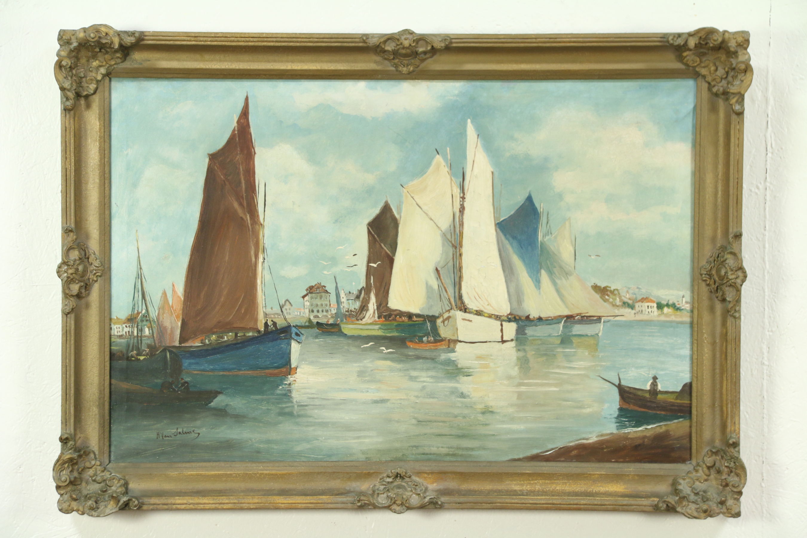 2700x1800 Flemish Harbor Scene With Sailing Ships Antique Original Oil - Sailing Ship Oil Painting
