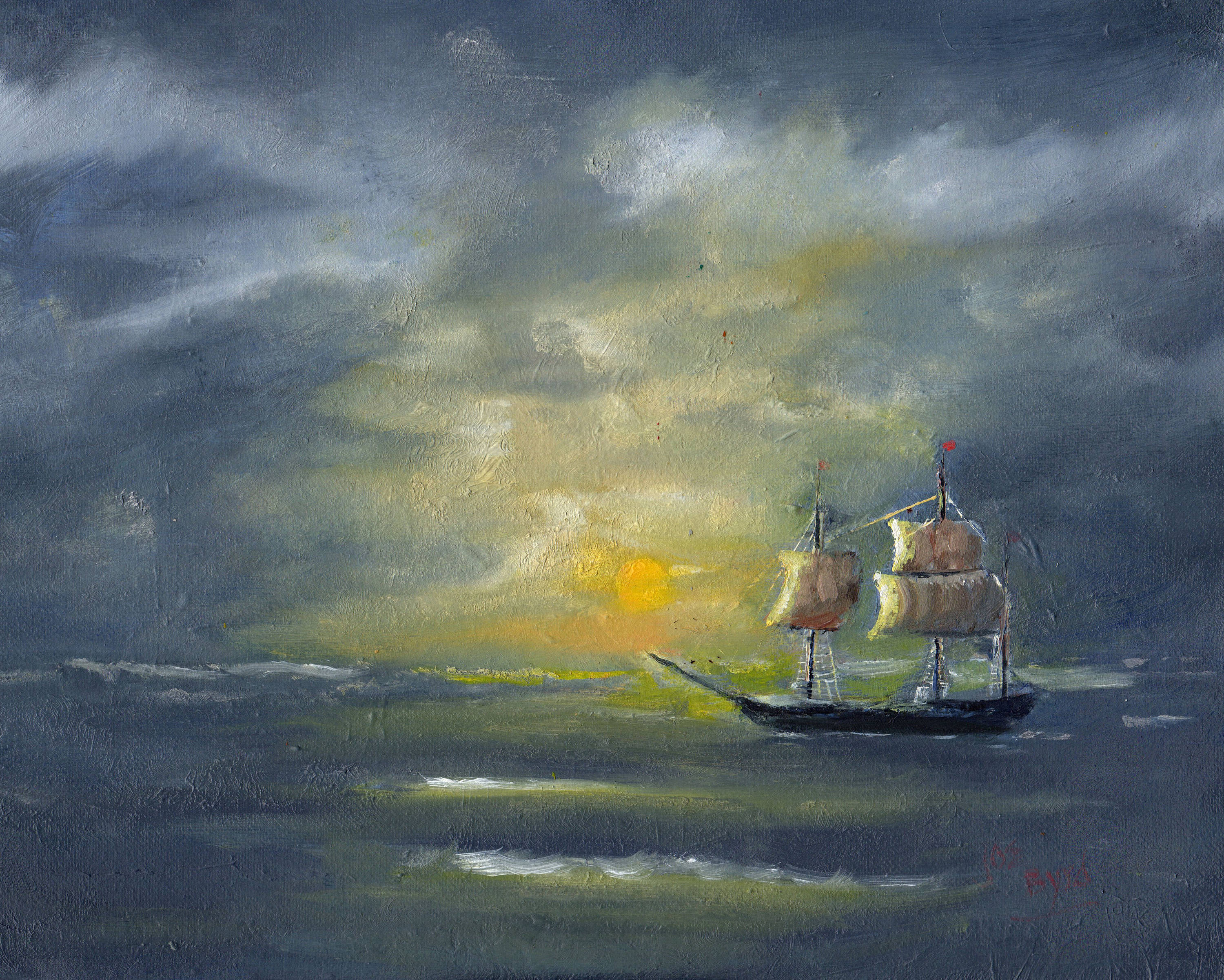 3000x2401 Framed Ship Art, Sailing Ship Painting, Original Seascape, Coastal - Sailing Ship Painting