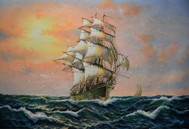 640x436 Hand Painted Modern Art Painting Sailing Ship Over Wavng Water Oil - Sailing Ship Painting