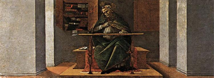 750x274 St Augustine In His Study, Predella Panel From The Altarpiece - Saint Augustine In His Study Painting