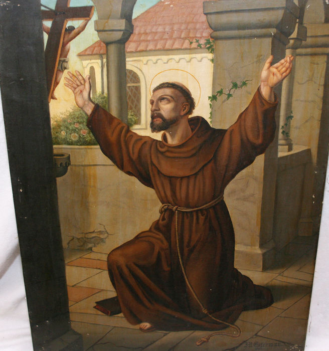 656x700 Museum Quality Rare Religious Antique Oil Painting - Saint Francis Painting