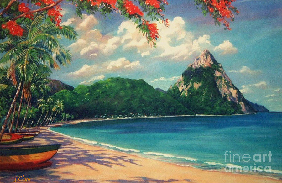 900x584 Soufriere Bay St. Lucia Painting By John Clark - Saint Lucia Painting