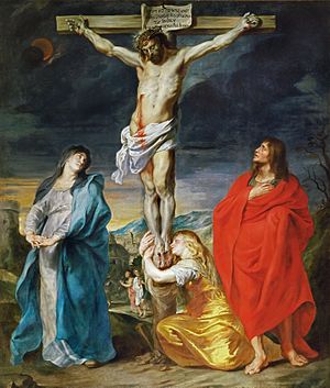 300x353 Crucifixion With The Virgin Mary, St John And St Mary Magdalene - Saint Mary Painting