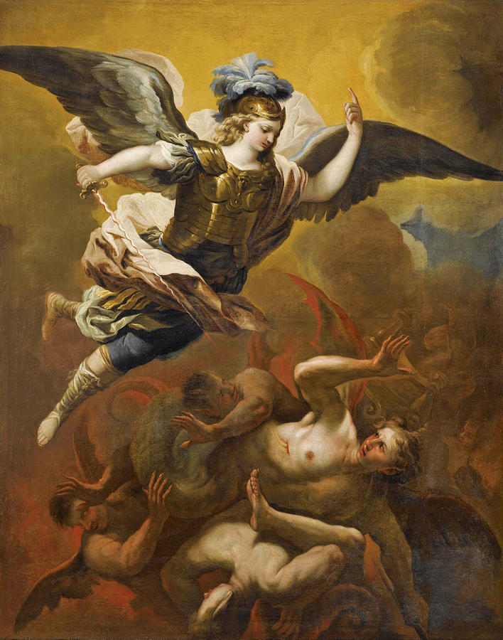 708x900 Saint Michael Defeating Satan Painting By Luca Giordano - Saint Michael Painting