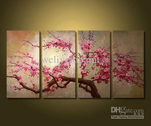 500x419 Framed 4 Panel Large Chinese Cherry Blossom Flower Oil Painting - Sakura Blossom Painting