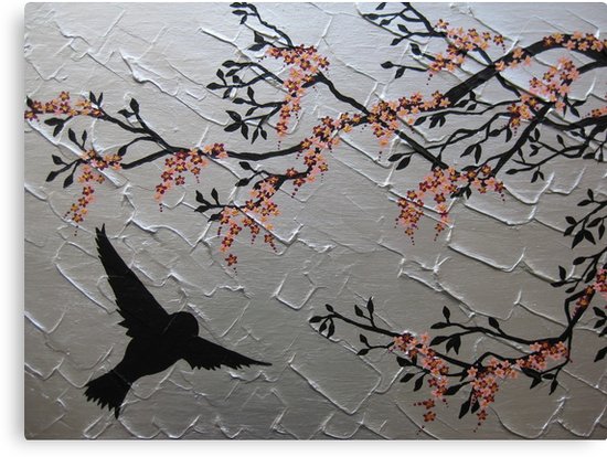 550x414 Zen Bird And Sakura Painting Japanese Style Cherry Blossom - Sakura Painting