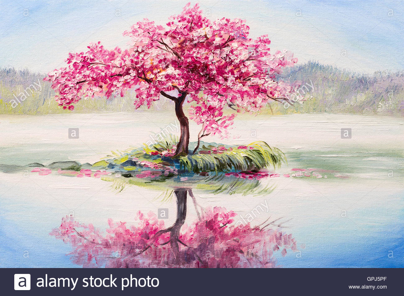 1300x952 Oil Painting Landscape, Oriental Cherry Tree, Sakura On The Lake - Sakura Painting Watercolor