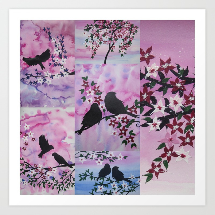 700x700 Pink Sakura Themes Watercolor Painting With Birds And Japanese - Sakura Painting Watercolor
