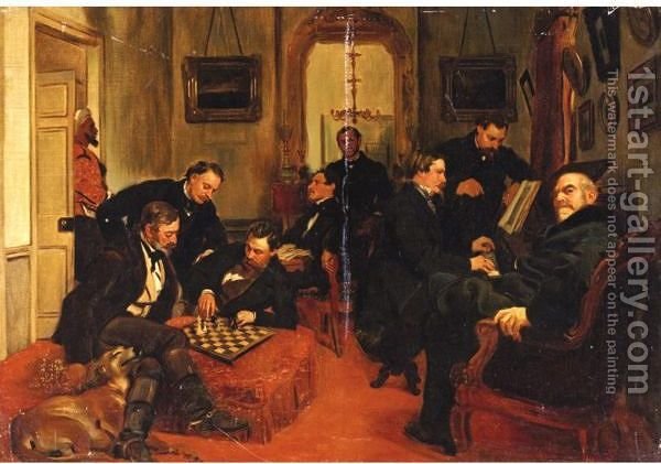 600x421 French Intellectuals Seated In A Salon French School Reproduction - Salon Painting