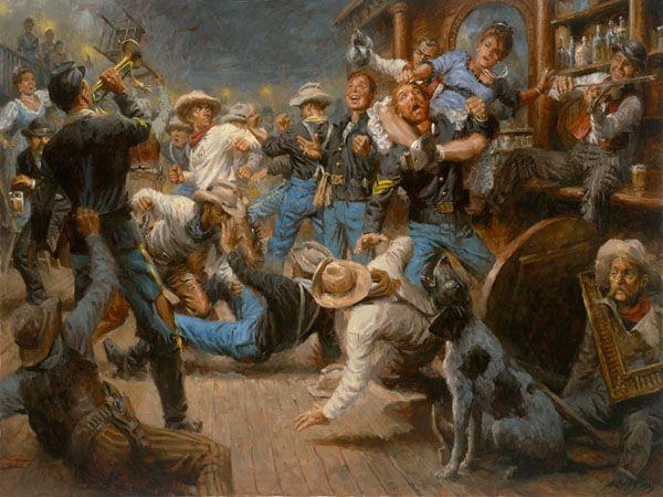 600x450 Saloon Fight . Wild Wild West . - Saloon Painting