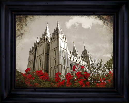 500x402 Salt Lake Temple, Red Flowers - Salt Lake Temple Painting