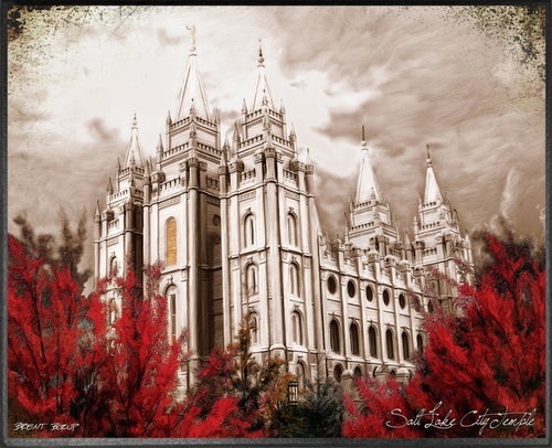 500x406 Salt Lake Temple, Sepia With Red Trees Plaque - Salt Lake Temple Painting