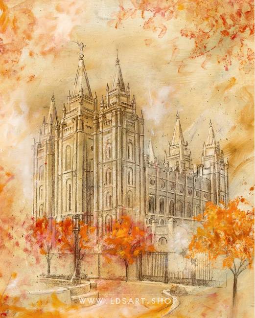 521x650 Salt Lake Temple Autumn Temple Square Fine Art Cold Wax Painting - Salt Lake Temple Painting