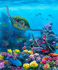 250x300 Secret Sanctuary Hawaiian Green Sea Turtle And Reef Painting By - Saltwater Fish Painting