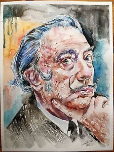 225x300 Salvador Dali Portrait Original Awesome Watercolor Painting Signed - Salvador Dali Portrait Painting