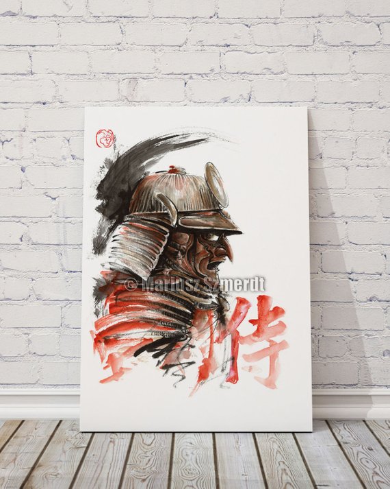 570x713 Samurai Armor Japanese Ink Painting Japan Warrior Art Print - Samurai Helmet Painting