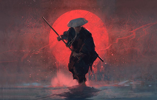 596x380 Wallpaper Sword, Weapon, Hat, Art, Sun, Man, Painting, Stick - Samurai Warrior Painting