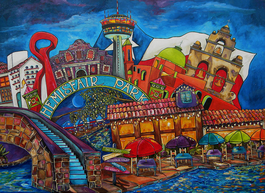 900x654 Downtown Montage San Antonio Painting By Patti Schermerhorn - San Antonio Riverwalk Painting