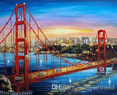 445x361 2018 Framed Golden Gate Bridge Sunrise San Francisco Bay,pure Hand - San Francisco Bridge Painting