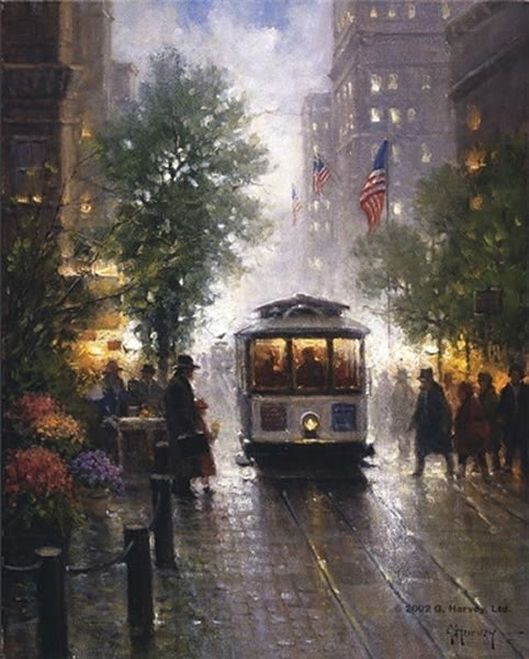482x600 California Cable Cars San Francisco G. Harvey 100% Hand Painted - San Francisco Cable Car Painting