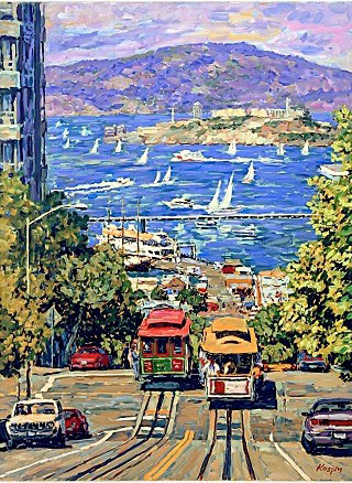 320x438 Eugene Kaspin Original Oil Paintings Cityscape Paintings New - San Francisco Cable Car Painting