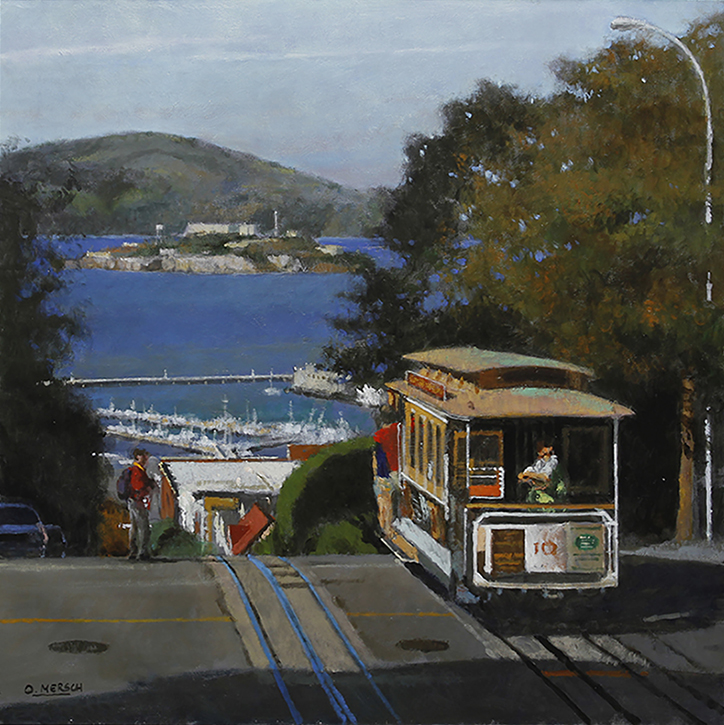724x725 Oscar Mersch, Cityscapes And Figurative Oil Painter - San Francisco Cable Car Painting