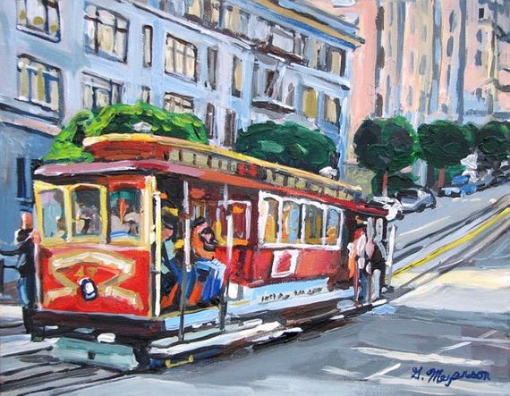 570x443 San Francisco Painting Red Cable Car Fine Art Print Cityscape - San Francisco Cable Car Painting