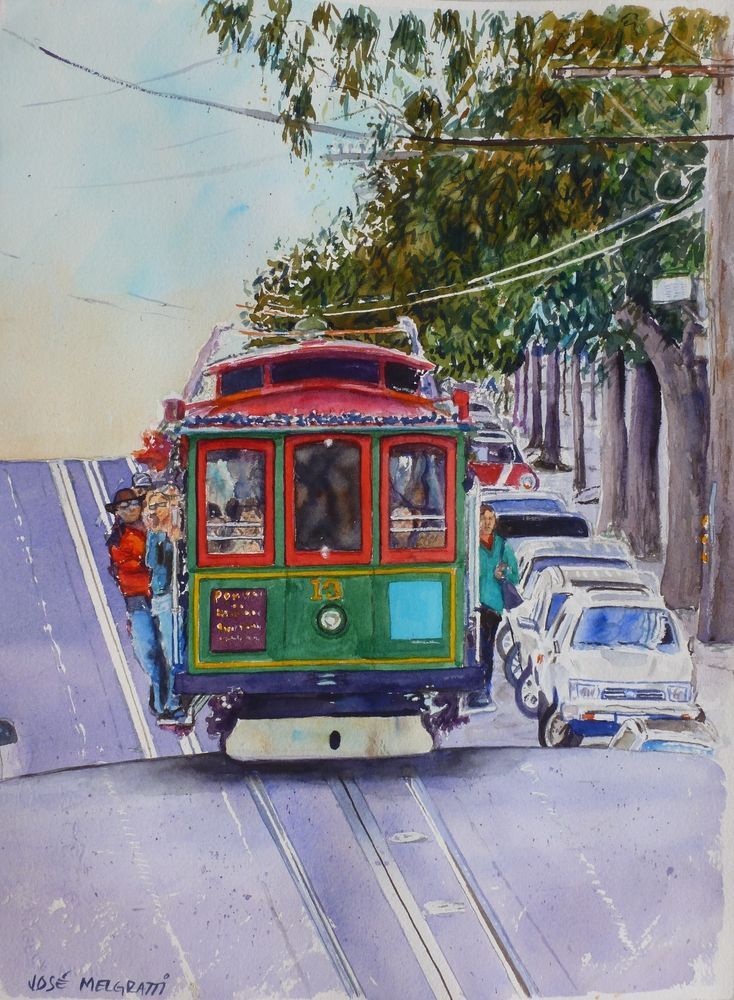 734x1000 Watercolor Original Painting,san Francisco Cable Car,original - San Francisco Cable Car Painting
