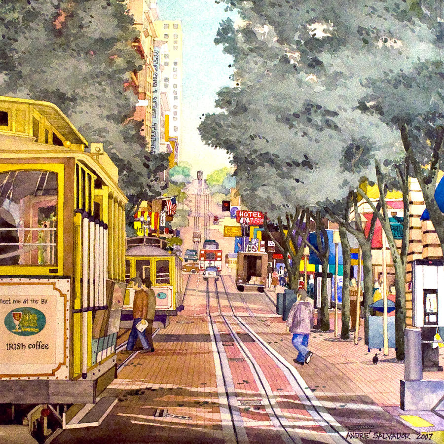 900x900 Cable Cars On Powell Street Painting By Andre Salvador - San Francisco Cable Car Painting