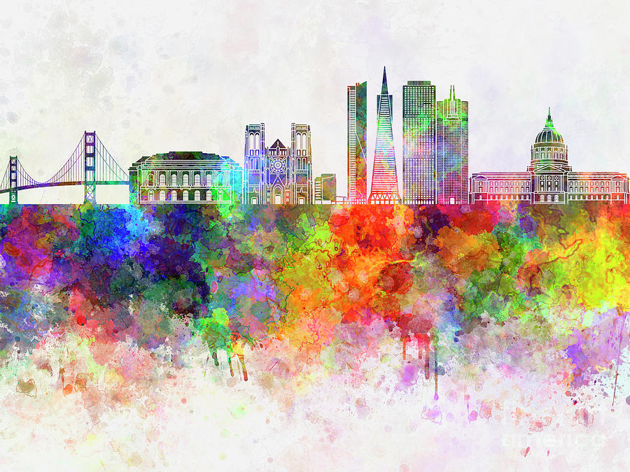 900x675 San Francisco Skyline In Watercolor Background Painting By Pablo - San Francisco Painting