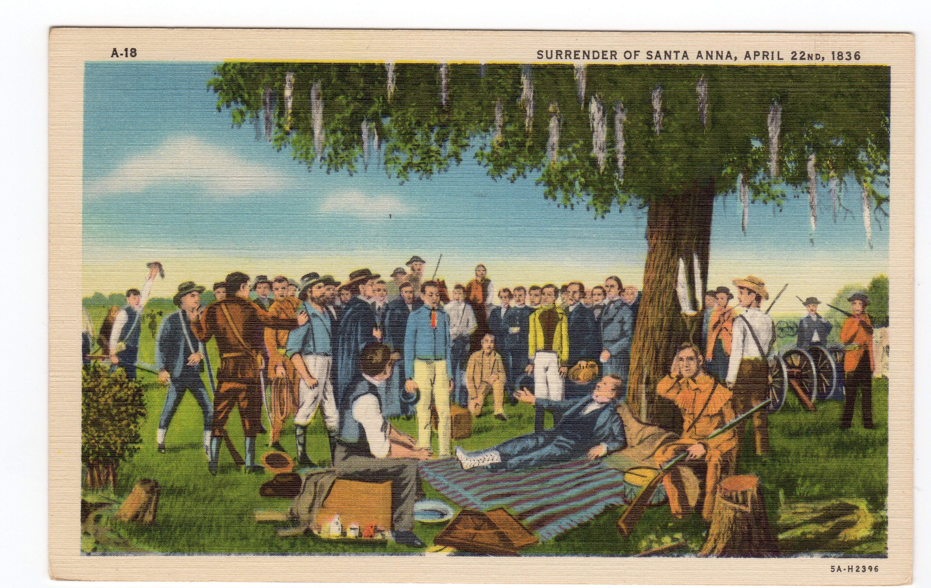 3580x2261 Linen Postcard. Surrender Of Santa Anna, April 22nd, 1836. Texas - San Jacinto Painting