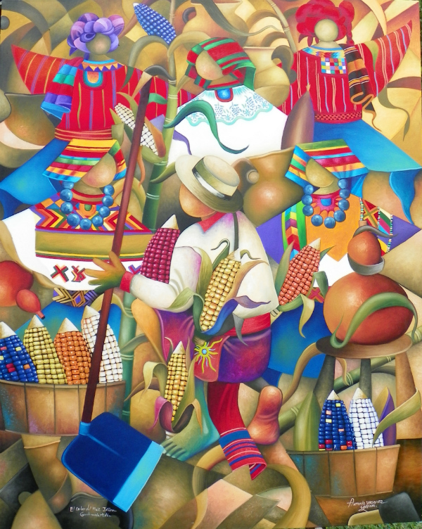 600x752 San Juan La Laguna Art Arte Maya Xocomeel Mayan Corn Harvest Oil - San Juan Painting