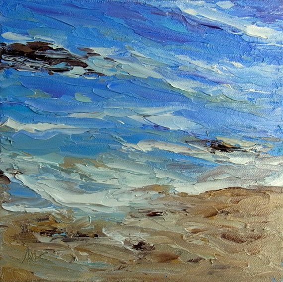 570x568 Oil Painting Sea Sand Beach Seascape Ocean Wave Tide Original Art - Sand Beach Painting