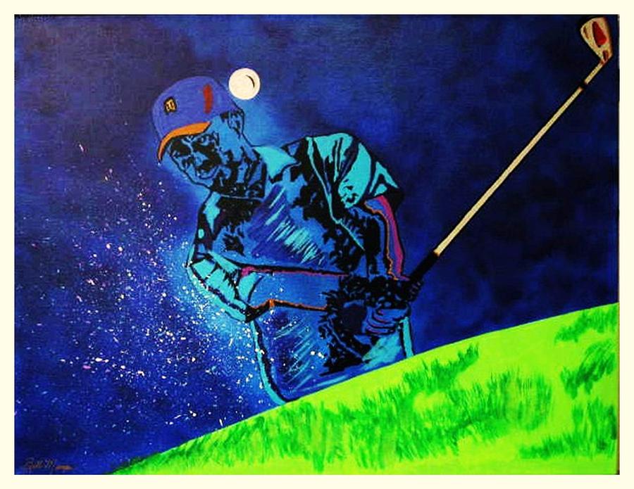 900x695 Tiger Woods Playing In The Sandbox Painting By Bill Manson - Sandbox Painting