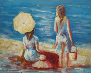 300x239 Oil Painting Of Two Girls Facing Sea Playing Sandcastle - Sandcastle Painting