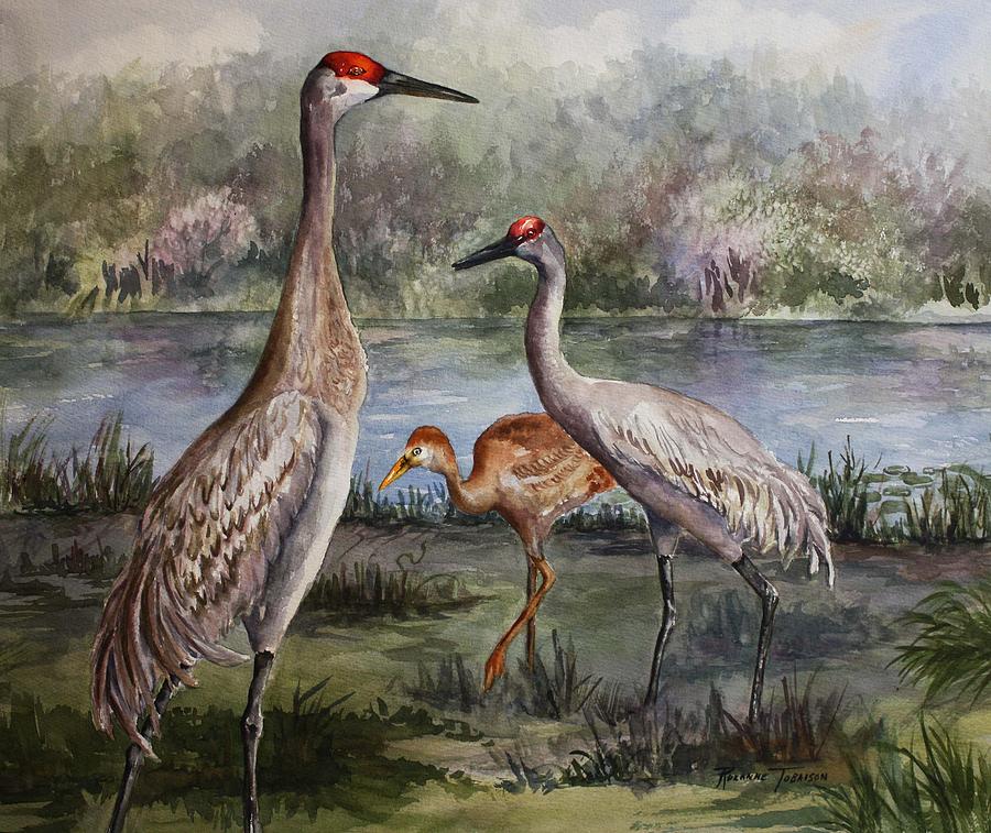 900x757 Sandhill Cranes On Alert Painting By Roxanne Tobaison - Sandhill Crane Painting