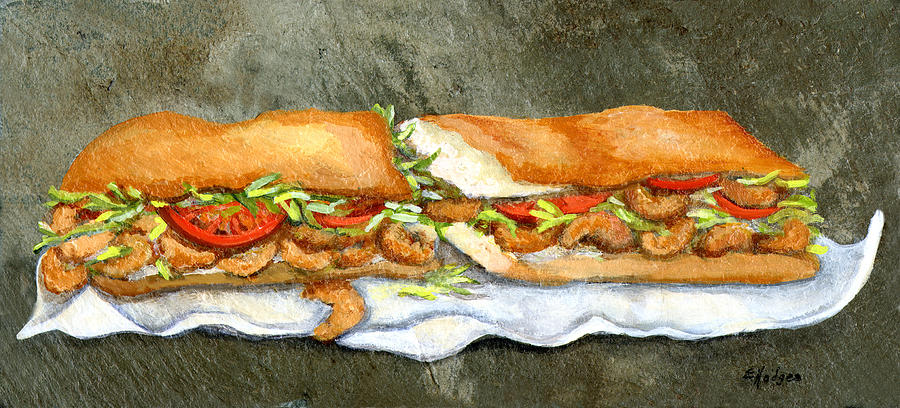 900x408 Shrimp Po Boy Painting By Elaine Hodges - Sandwich Painting