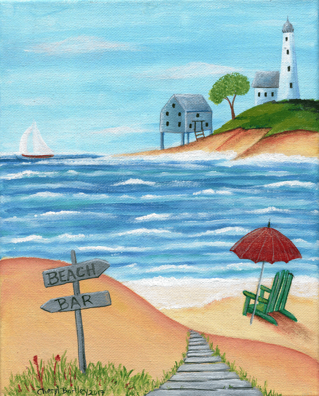 1030x1280 Beach Chair On Sandy Beach Lighthouse Folk Art Painting - Sandy Painting