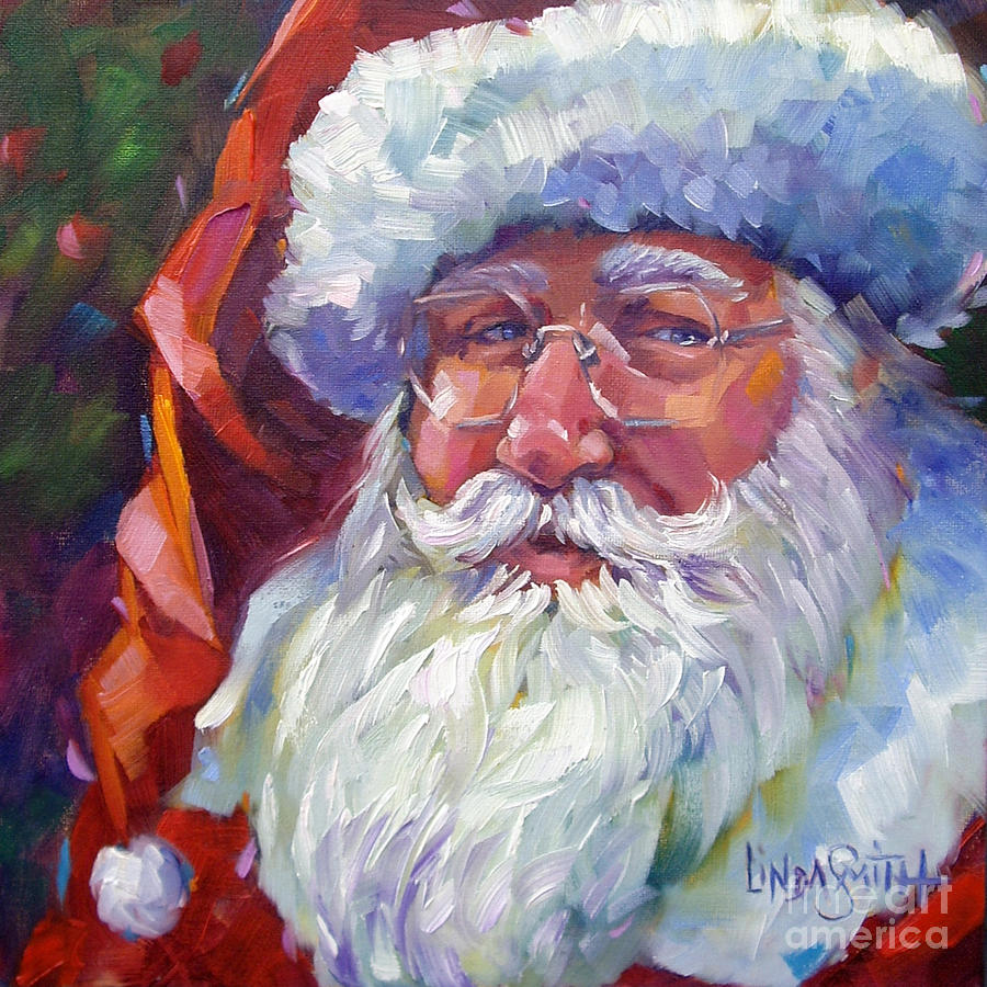 900x900 Colorful Santa Painting By Linda Smith - Santa Claus Oil Painting
