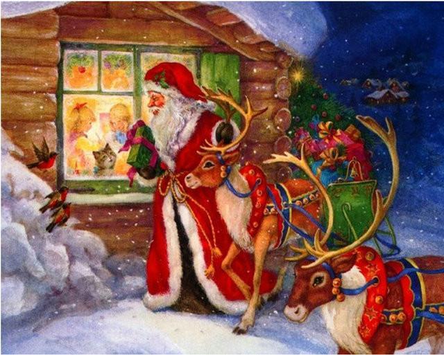 640x513 Santa Claus And His Reindeer - Santa Claus Painting