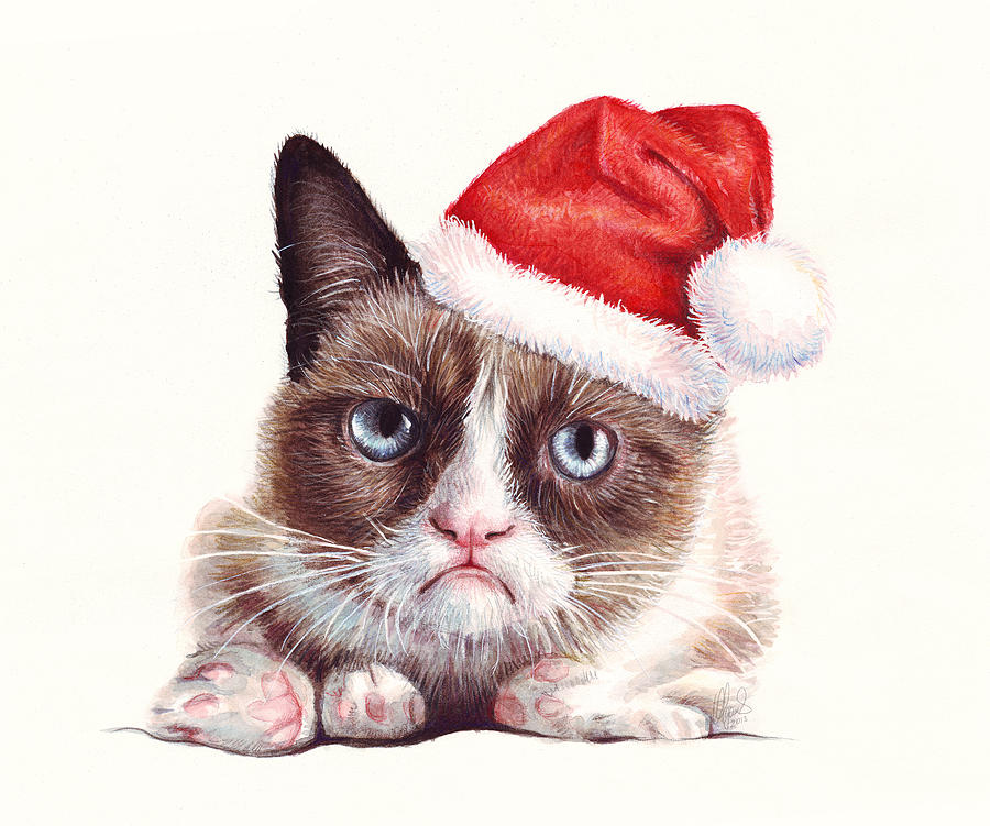 900x751 Grumpy Cat As Santa Painting By Olga Shvartsur - Santa Hat Painting