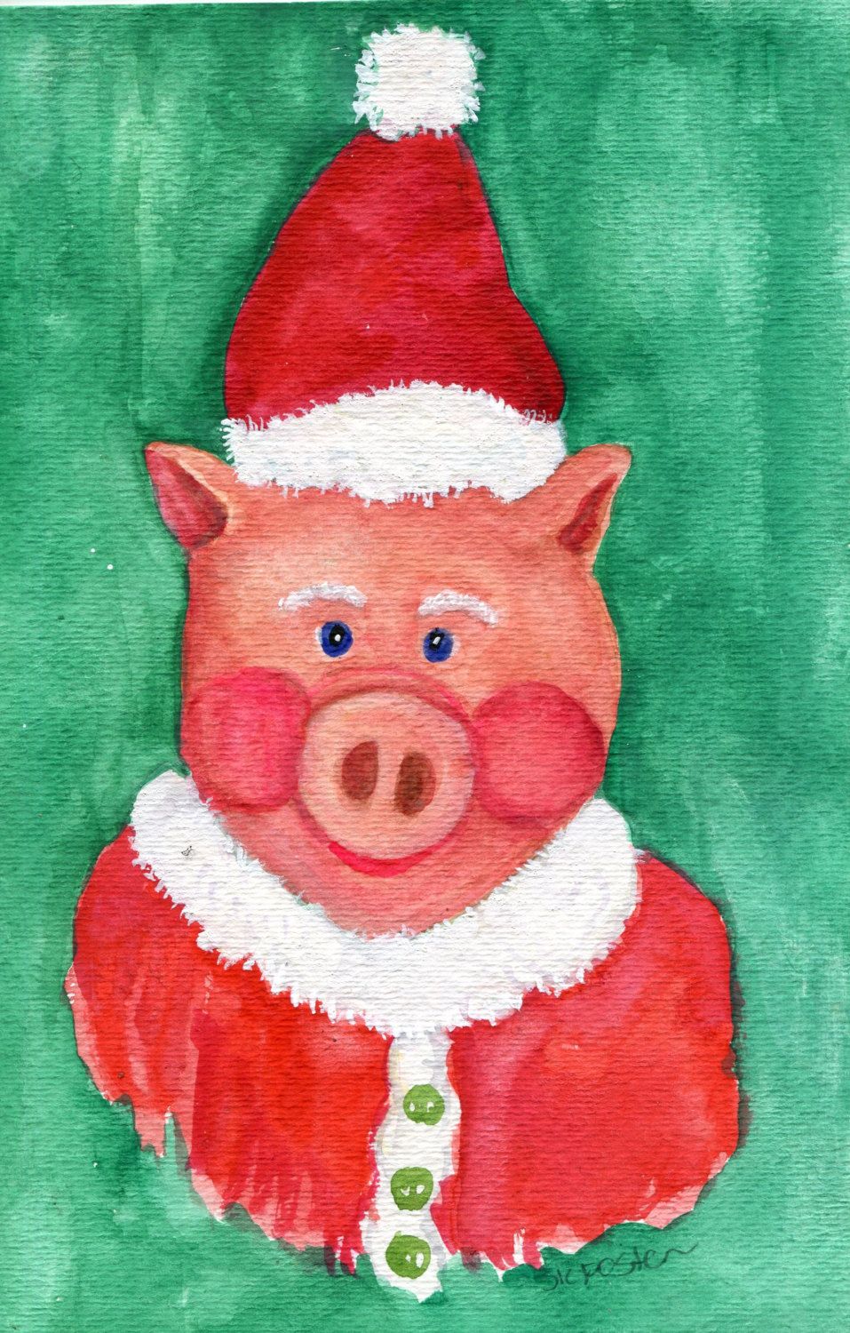 957x1500 Pig Painting, Pig Wearing Santa Hat Watercolor Painting 5 X 7 - Santa Hat Painting