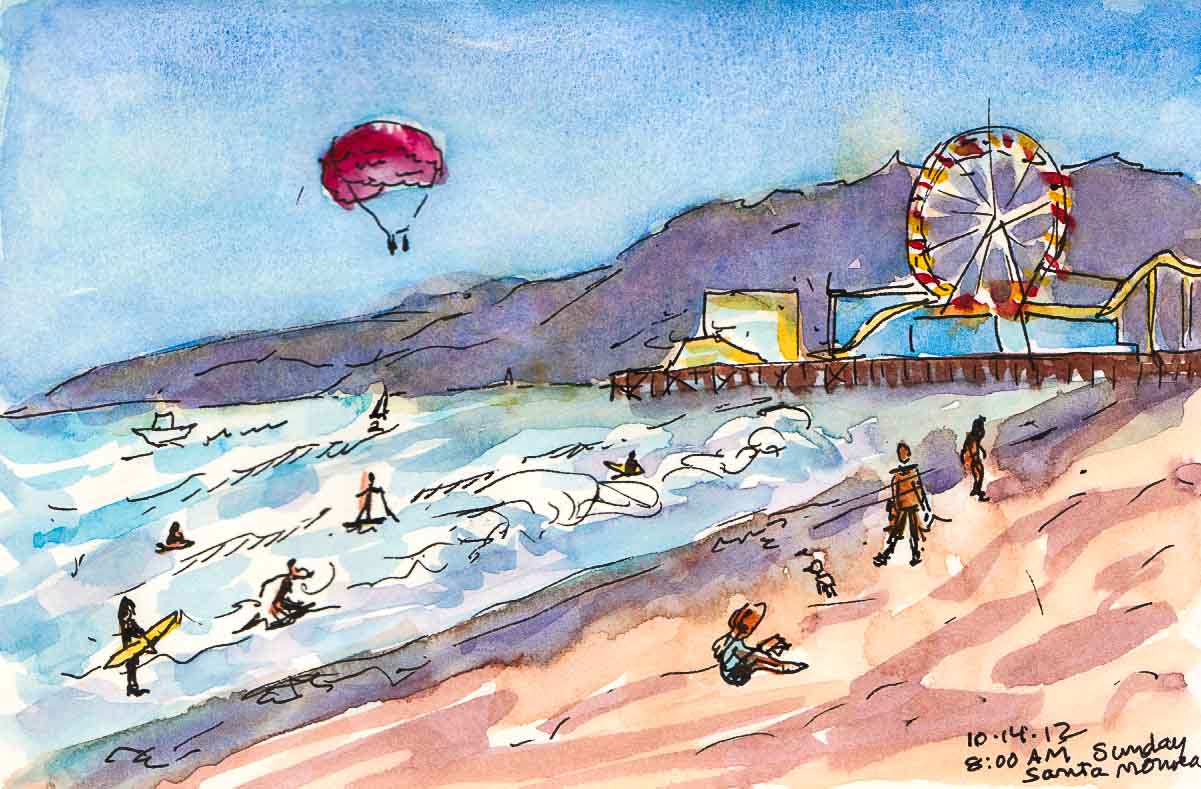 1201x789 Santa Monica Morning Beach Walks Jana Bouc, Artist - Santa Monica Pier Painting