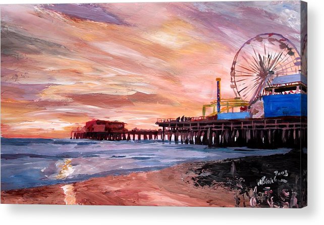 642x446 Santa Monica Pier At Sunset Acrylic Print By M Bleichner - Santa Monica Pier Painting