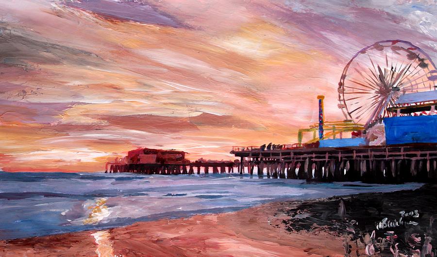 900x530 Santa Monica Pier At Sunset Painting By M Bleichner - Santa Monica Pier Painting