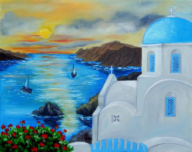 770x609 Saatchi Art Santorini, Greece Painting By Joana Dokova - Santorini Painting