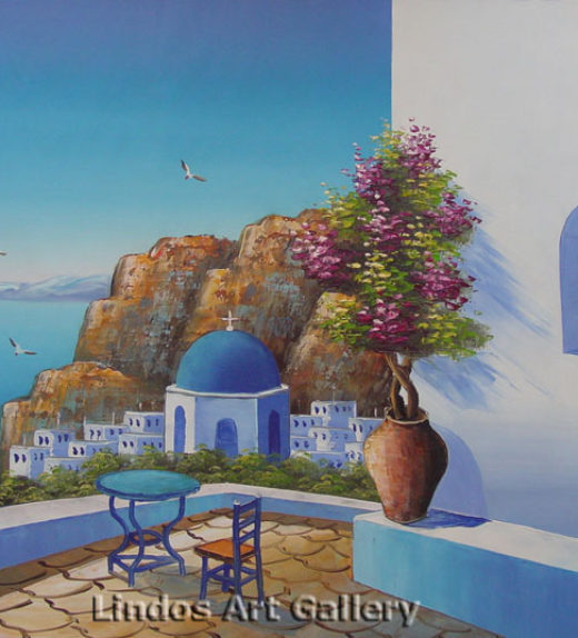520x574 Santorini Blue Church Oil Painting - Santorini Painting
