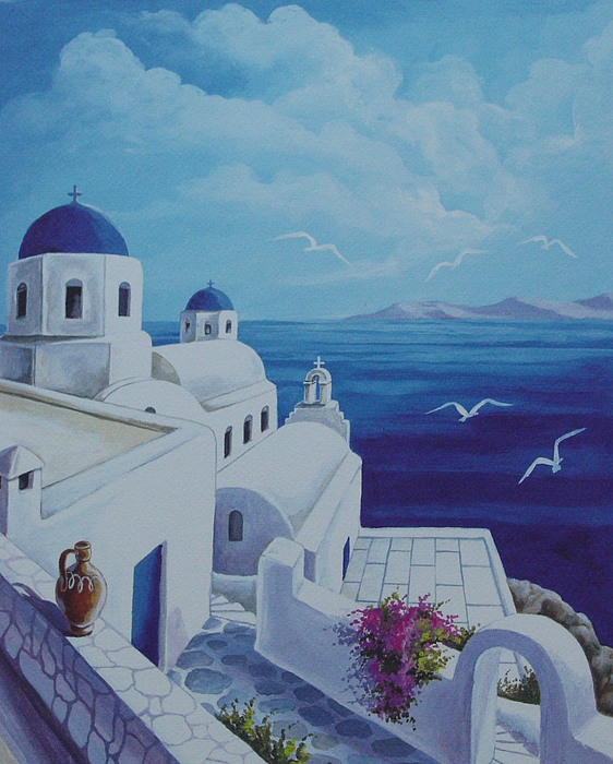 562x700 Santorini Blue Painting By Helidon - Santorini Painting