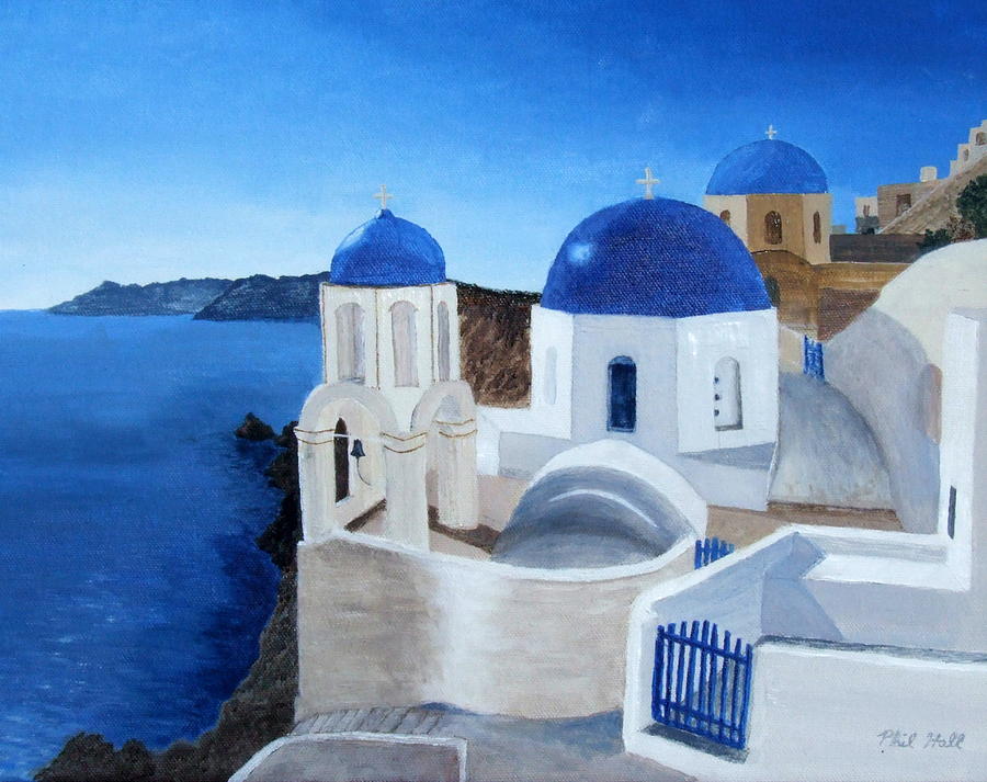 900x713 Greek Church At Santorini Painting By Philip Hall - Santorini Painting