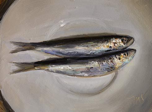 490x363 Daily Paintings Two Sardines On A Plate Postcard From Provence - Sardines Painting